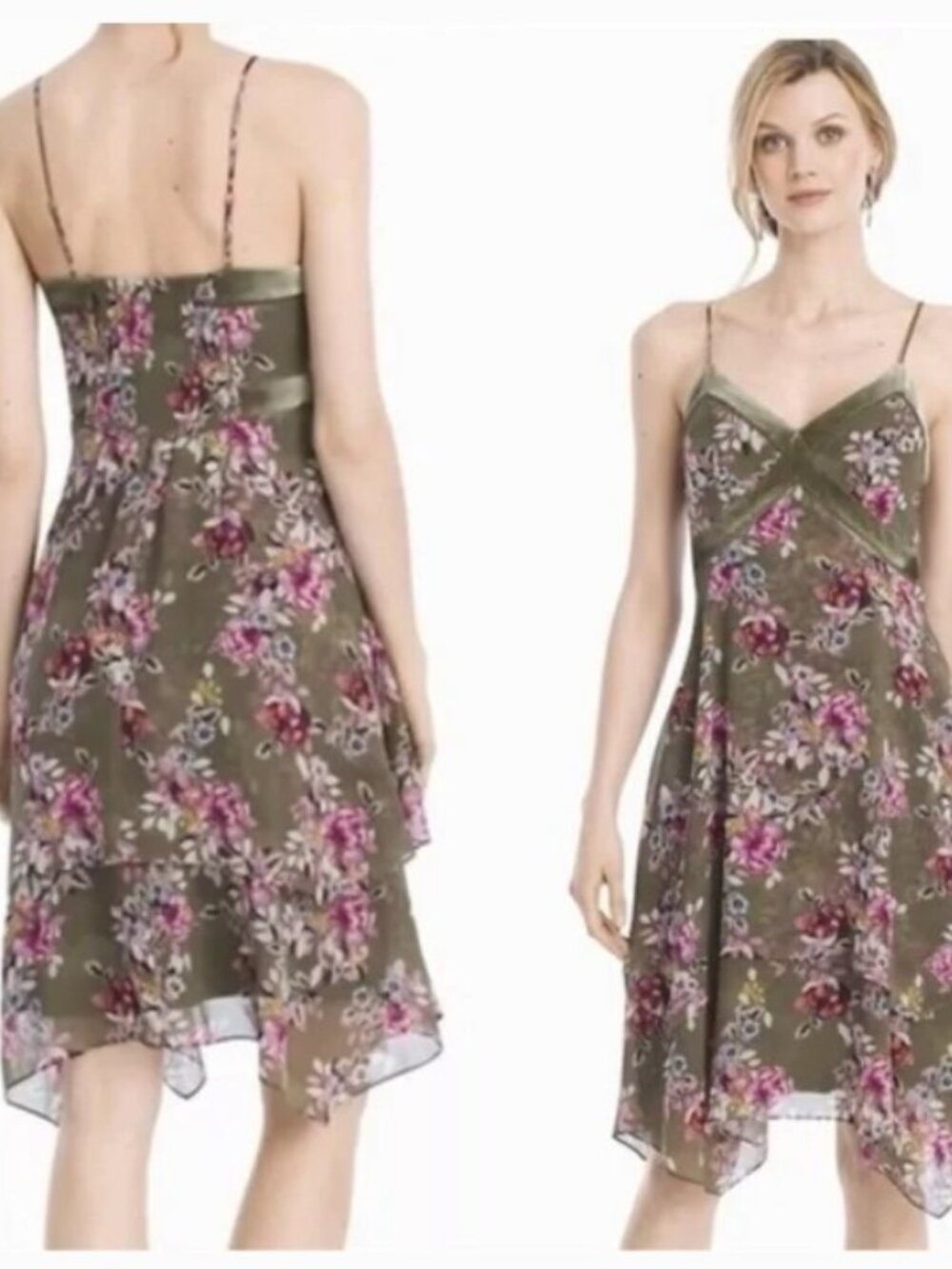 WHITE HOUSE BLACK MARKET Olive Floral Chiffon Spaghetti Strap Tiered Dress 4